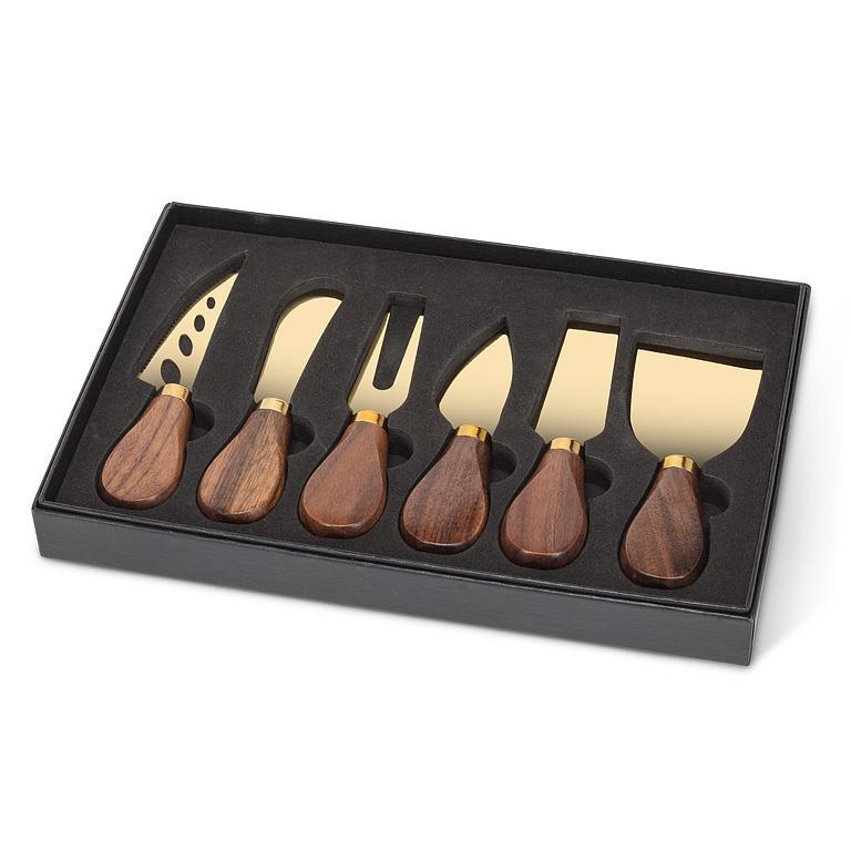 Set/6 Walnut Handled Cheese Knives | Gold