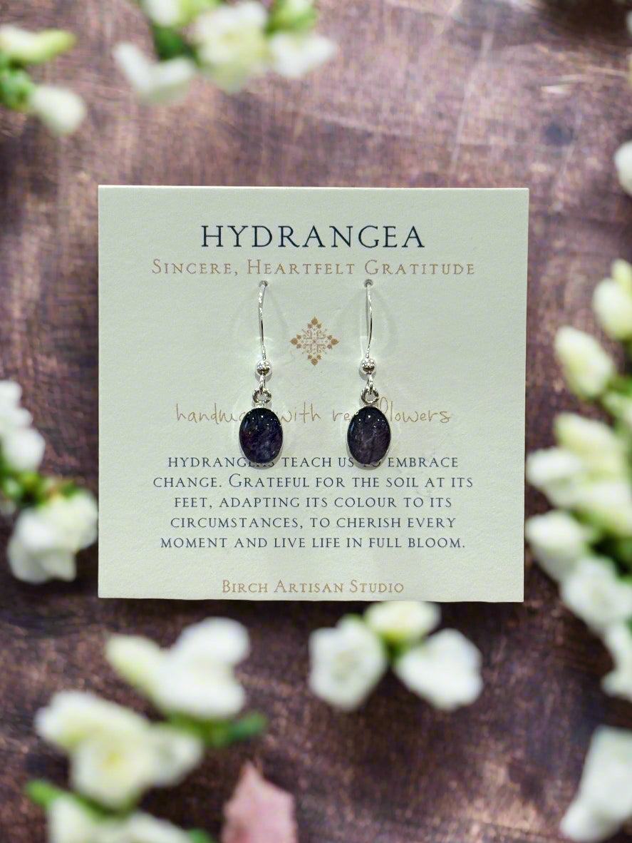 Blue Hydrangea Oval Drop Earrings ~ Sterling Silver