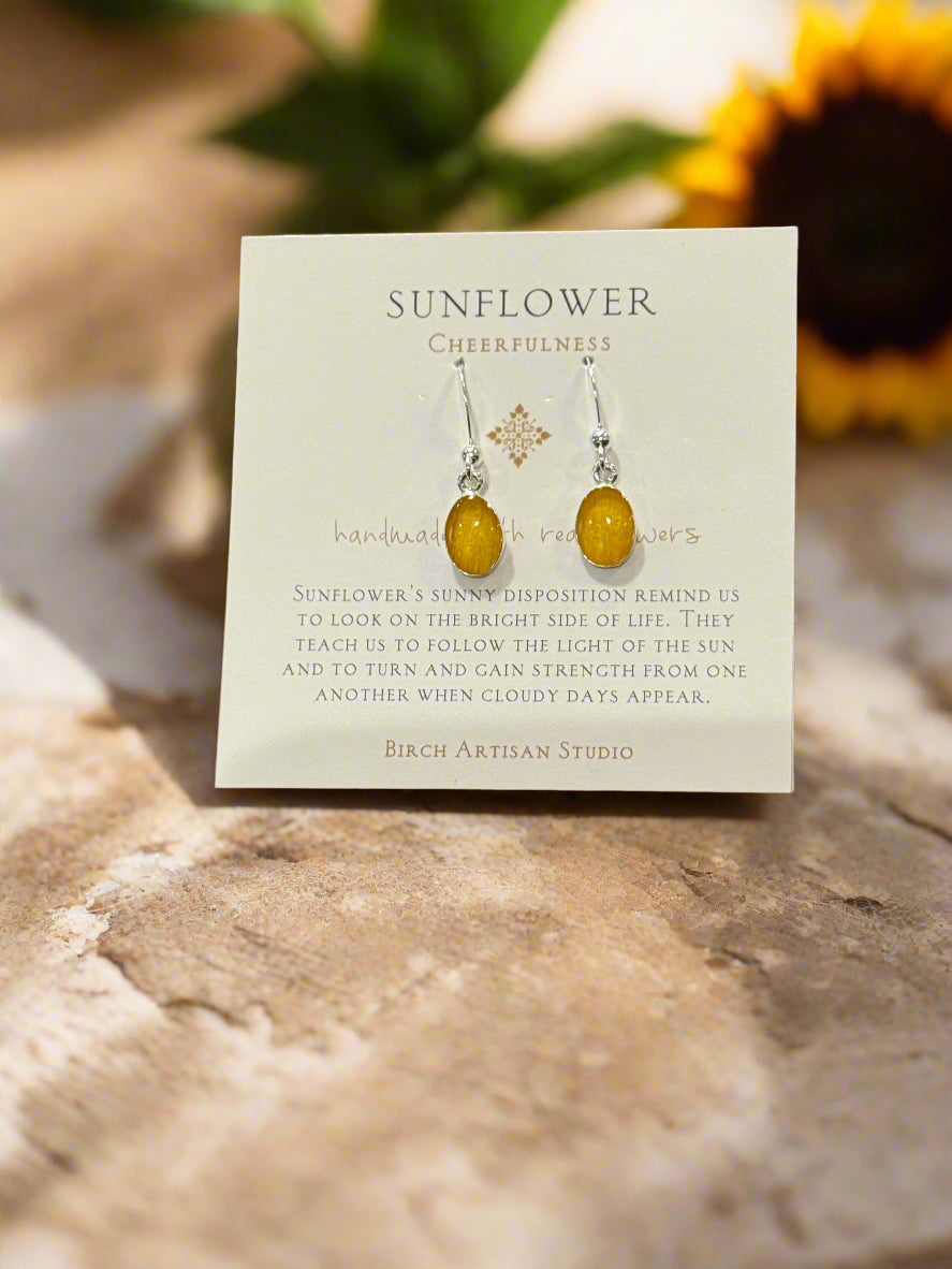 Sunflower Oval Drop Earrings ~ Sterling Silver
