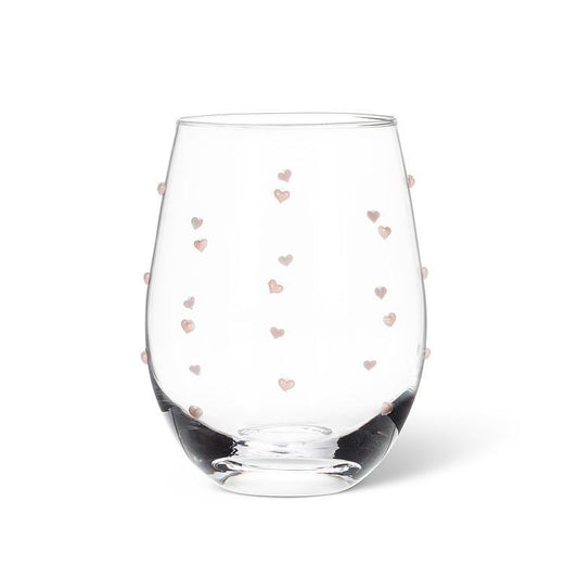 Stemless Wine Glass w/Pink Hearts