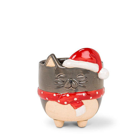 Large Cat w/Santa Hat Planter