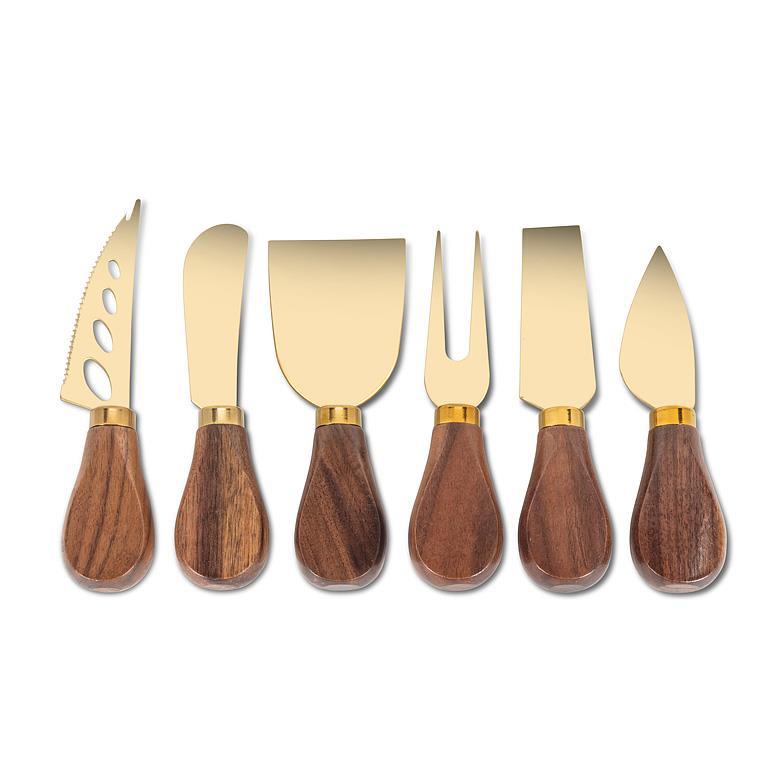 Set/6 Walnut Handled Cheese Knives | Gold