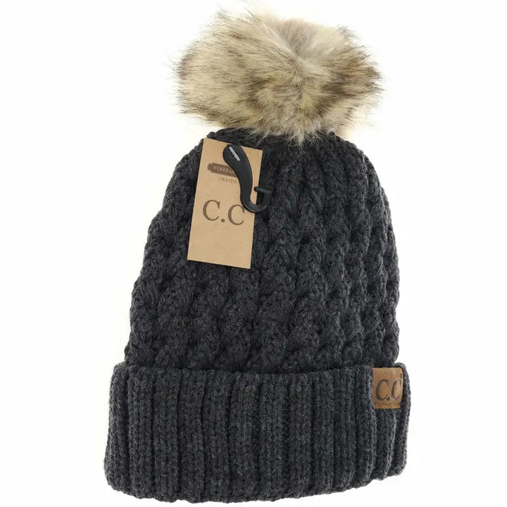 Solid Lattice Stitch Fur Pom Cc Beanie YJ826 | Charcoal