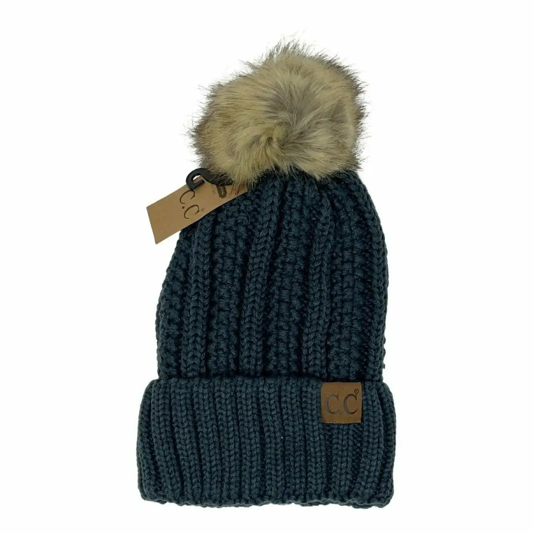 Fuzzy Lined Fur Pom Cc Beanie YJ820 | Teal Grey