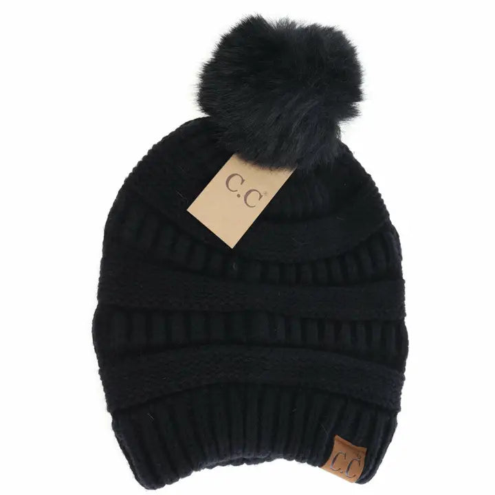 Super Soft Matching Fur Pom C.C Beanie HAT7002 | Black