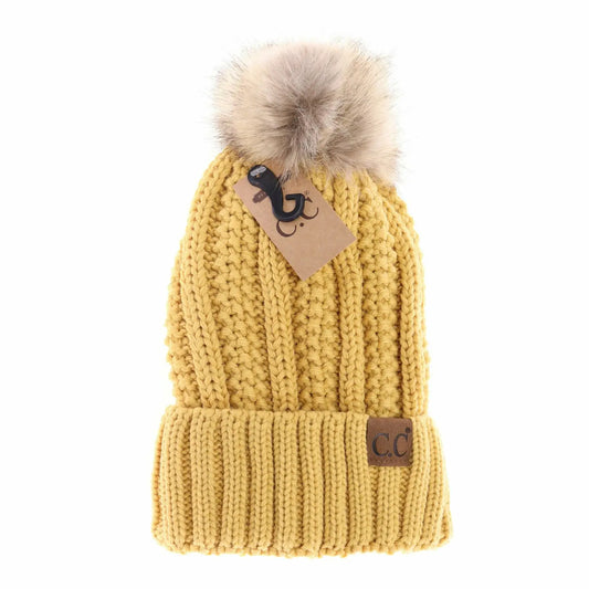 Fuzzy Lined Fur Pom Cc Beanie YJ820 | Honey Mustard