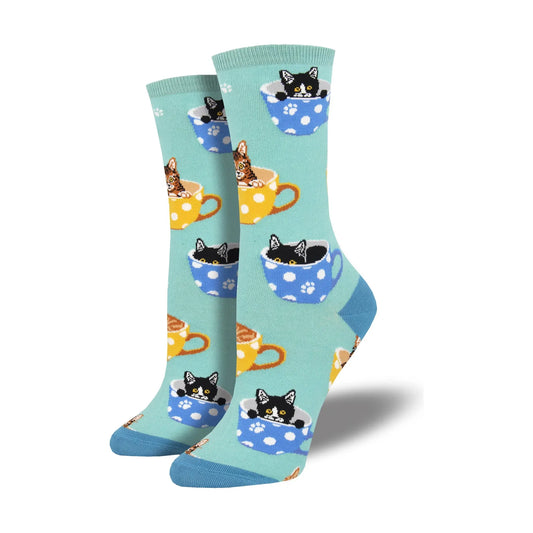 Ladies Cat-Feinated Socks - Sky Blue