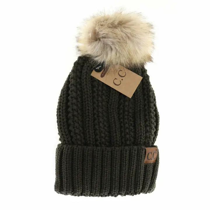 Fuzzy Lined Fur Pom Cc Beanie YJ820 | Moss