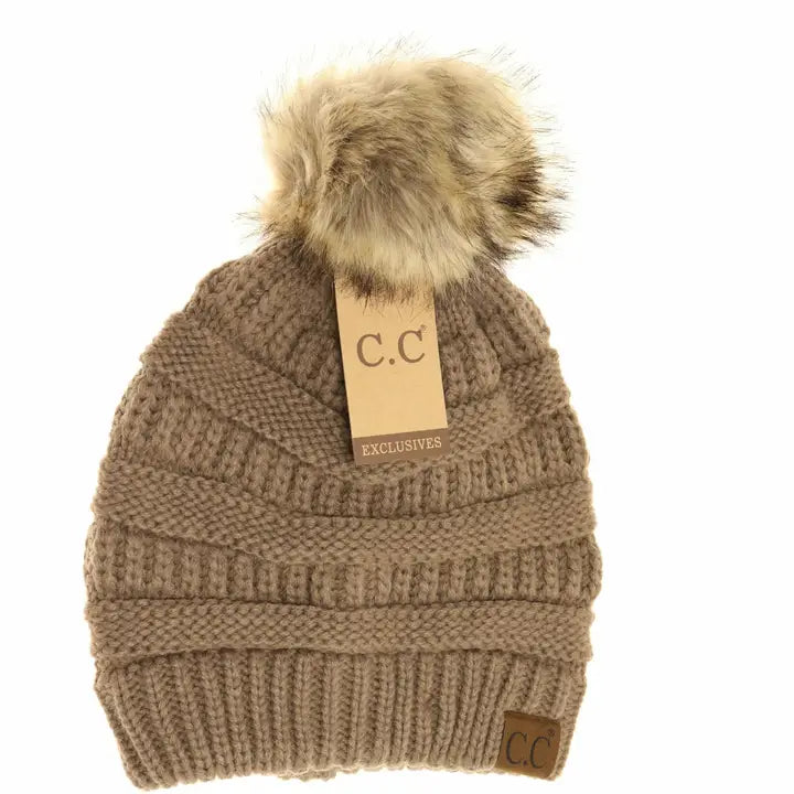 Fur Pom Cc Beanie HAT43 | Taupe