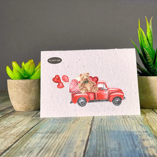Plantable Greeting Card - Teddy, Heart Balloons & Truck