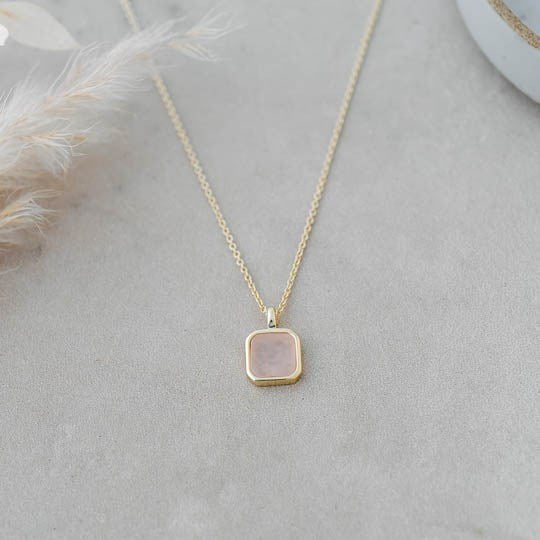 Florence Square Necklace - Gold (Rose Quartz)