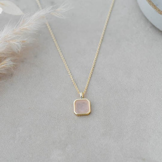 Florence Square Necklace - Gold (Rose Quartz)