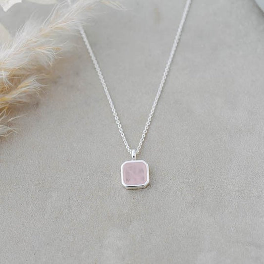 Florence Square Necklace - Silver (Rose Quartz)